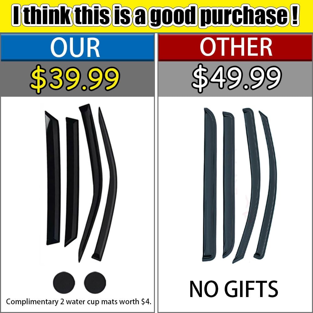 Rain Guards for Volkswagen (VW) Jetta 2011-2018, Tape-on Side Window Deflectors for Volkswagen Jetta, Window Visors for Volkswagen Cars, for Volkswagen Car Accessories 4 Rain Guards ＆ 2 Car Coasters