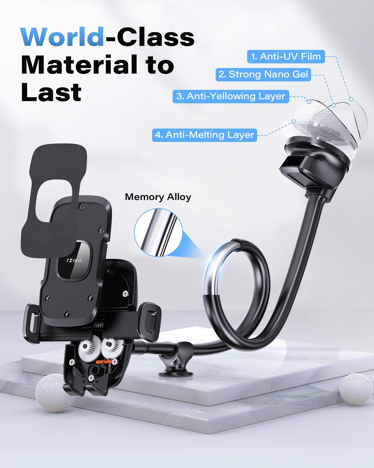 1Zero Solid Car Truck Phone Mount Holder with 14-Inch Gooseneck Long Arm, Windshield Window Mobile Holders w/Industrial-Strength Suction Cup, Anti-Shake Stabilizer Compatible All Cell Phones, Black