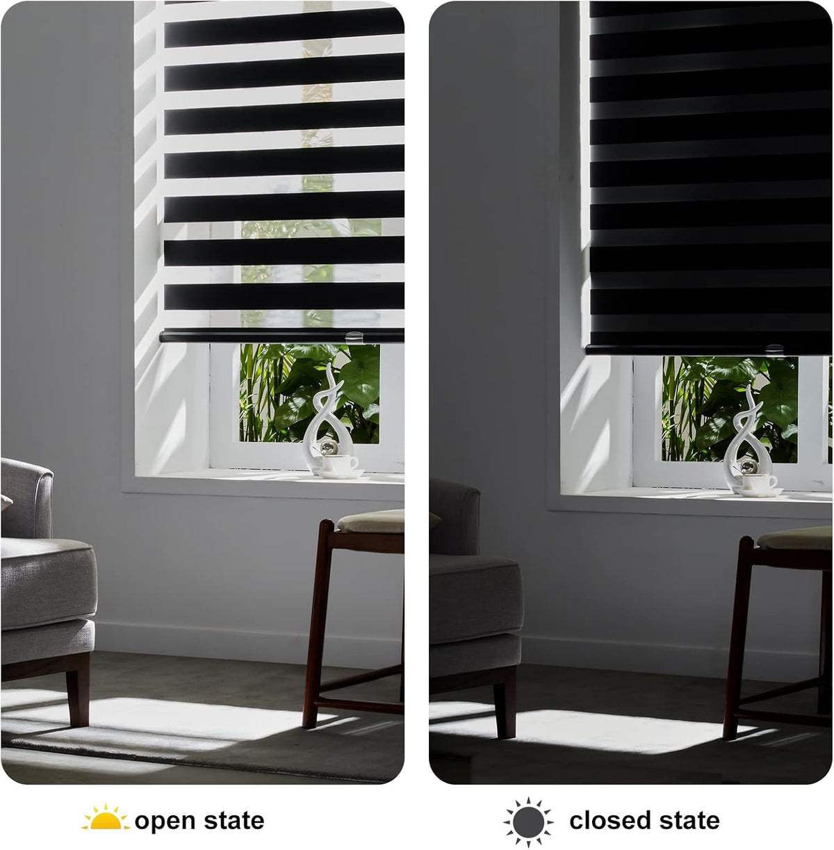 Persilux Cordless Zebra Blinds for Windows Roller Windows Shades (72" W X 72" H,Black) Dual Layer Light Control Light Filtering Sheer Shades for Home