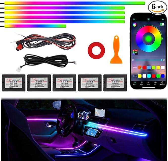Acrylic Interior Car Ambient Lighting Kits, LED Strip Lights with Wireless APP, Neon Fiber Optic Lights Function LED Strip for Car with Music Modes (6 in 1)