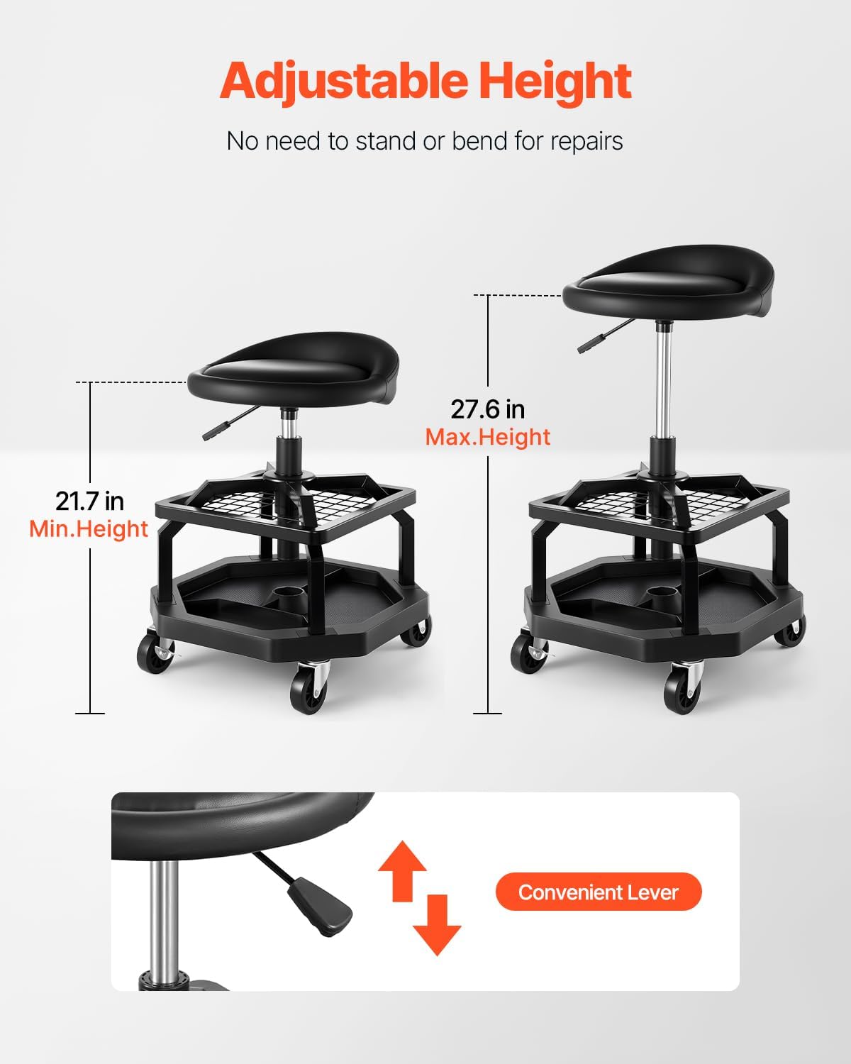 VEVOR Industrial Black Pneumatic Garage Seat/Work Stool with 300 lbs Capacity, Adjustable Height Roller Creeper Seat, 360 Swivel Padded Workshop Stool with Casters, for Garage, Shop & Auto Repair
