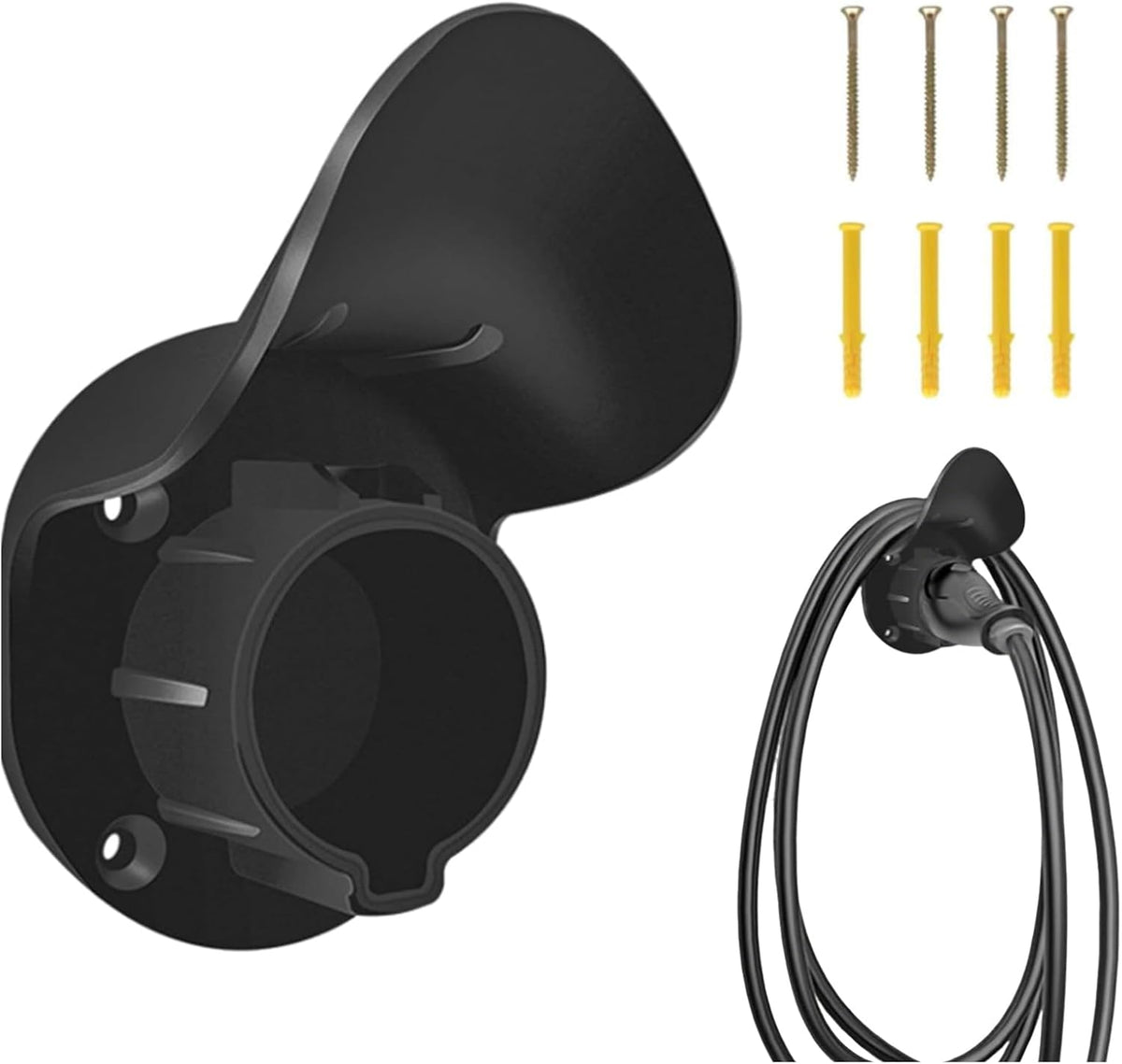 LJH EV Charger Holder Wall Mount for SAE J1772 Electric Car Plug Nozzle Holster Dock and EV Cable Holder, Outdoor/Indoor (Black)