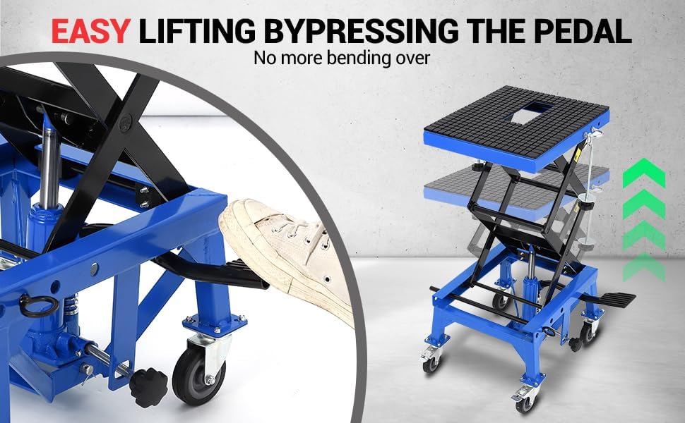 Hydraulic 350LBS Motorcycle Lift Jack - Foot-Pump Scissor Lift Table with Safety Lock, Wheels & Oil Drain Hole - Height Adjustable 13.78-34.25" for ATV, Dirt Bike, Cruiser Maintenance