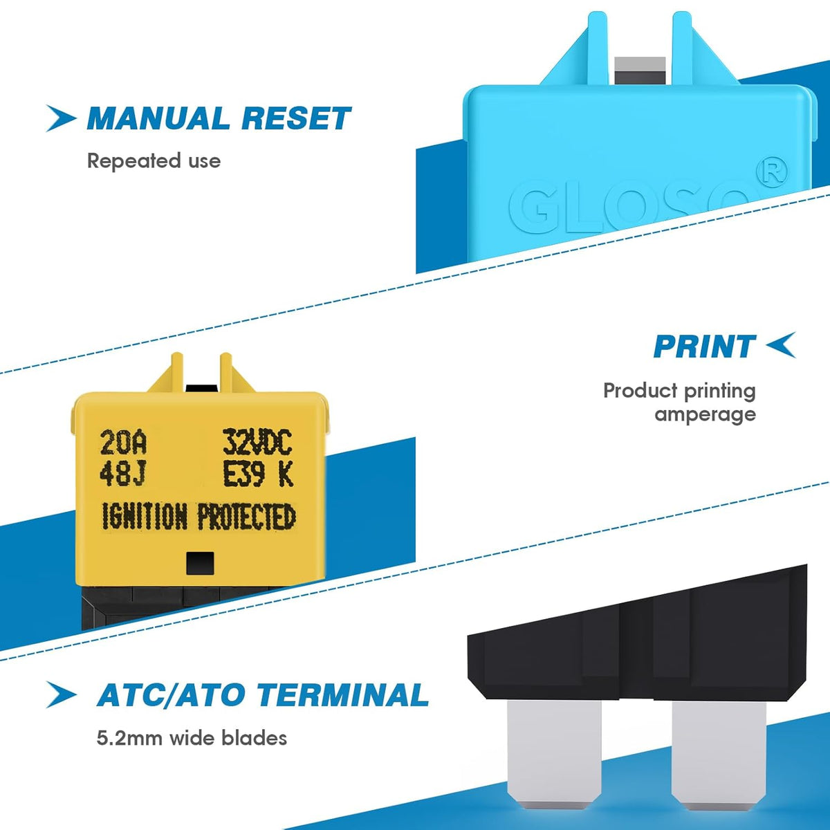GLOSO Circuit Breaker Fuse E39 (T3) Manual Reset for Car Truck RV Automotive Marine Boat Trolling Motor & Custom Wiring Audio Battery Protection/Low Profile ATC/ATO (30A - 3 Pack)