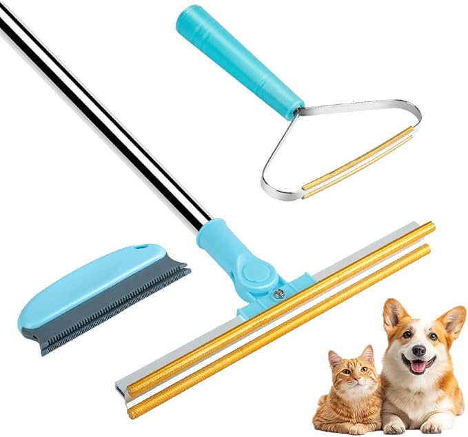 3 in 1 Carpet Rake for Pet Hair Removal, Tool Set of 3, 55” Long Handle Carpet Pet Hair Removal Carpet Scraper Dog Cat Hair Remover for Sofa, Couch, Car, Rug