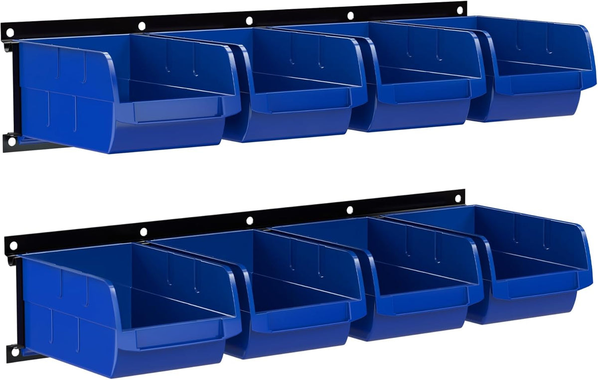 UNITEDPOWER wall mounted garage storage bin, Parts Rack, Plastic Hanging Stackable Storage Bin, Hardware Tool Organizer for workshop, Craft Room, school and Shop, 8 Bins&2 Rails (Blue), Large