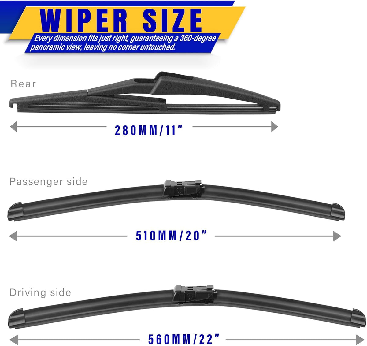 3 wipers Replacement for 2015-2020 2021 2022 2023 jeep renegade, Windshield Wiper Blades Original Equipment Replacement - 22"/20"/11" (Set of 3) Top Lock