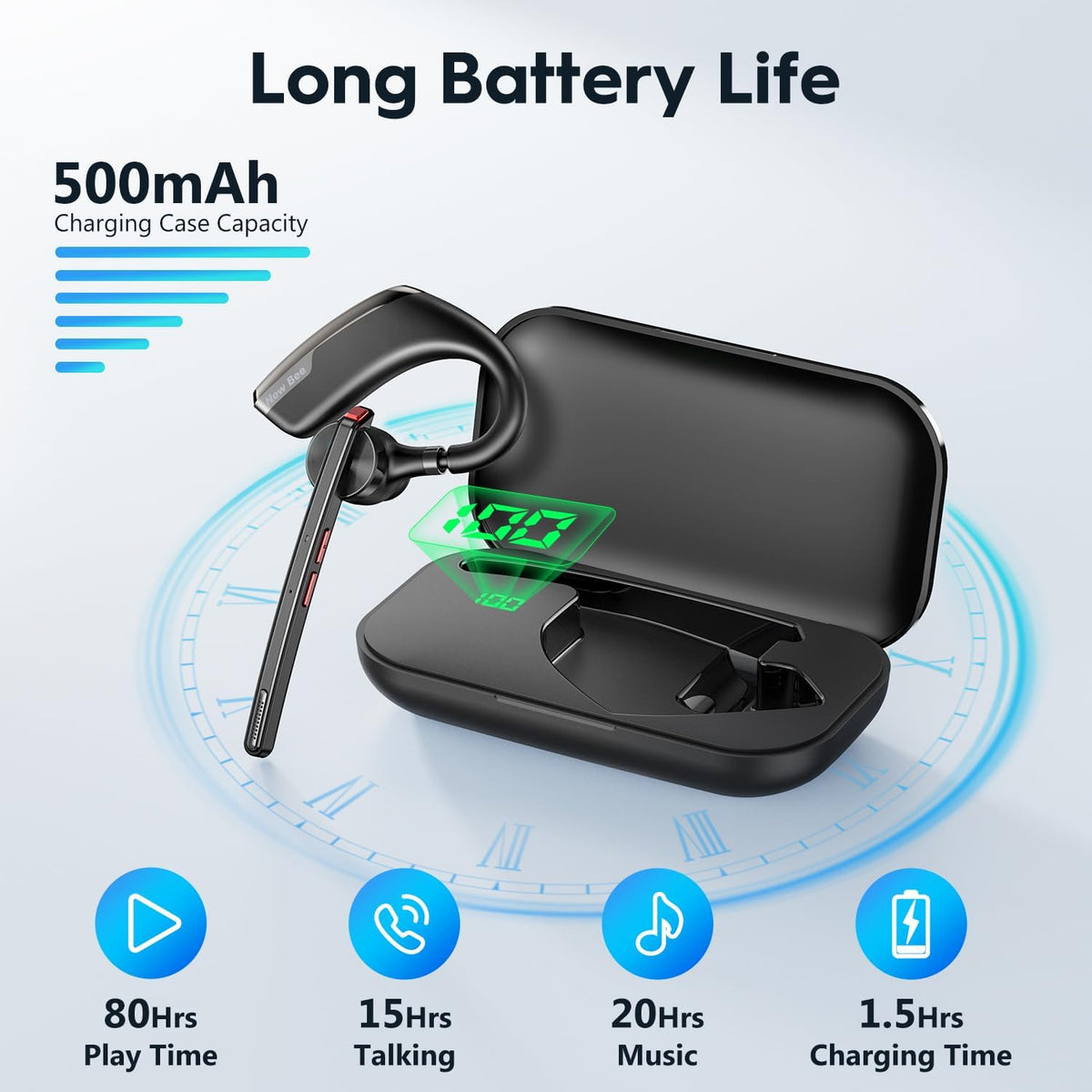 New bee Bluetooth Headset, Wireless Bluetooth Earpiece for Cellphone with 500mah Charging Case 80h Playtime V5.2 Dual Mic Noise Cancelling Hands-Free Earphones for Office Driver