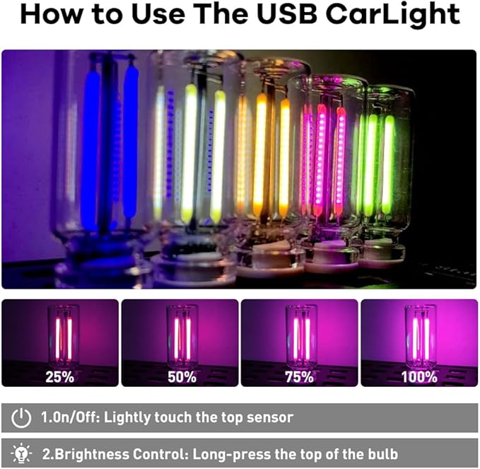2Pcs Car USB Night Light, Touch Adjustment LED Ambient Lighting Plug in USB Automotive Night Lamps, Mini LED Bulb for Car, Camping, Holiday, Decoration, Bedroom, Party(Purple)
