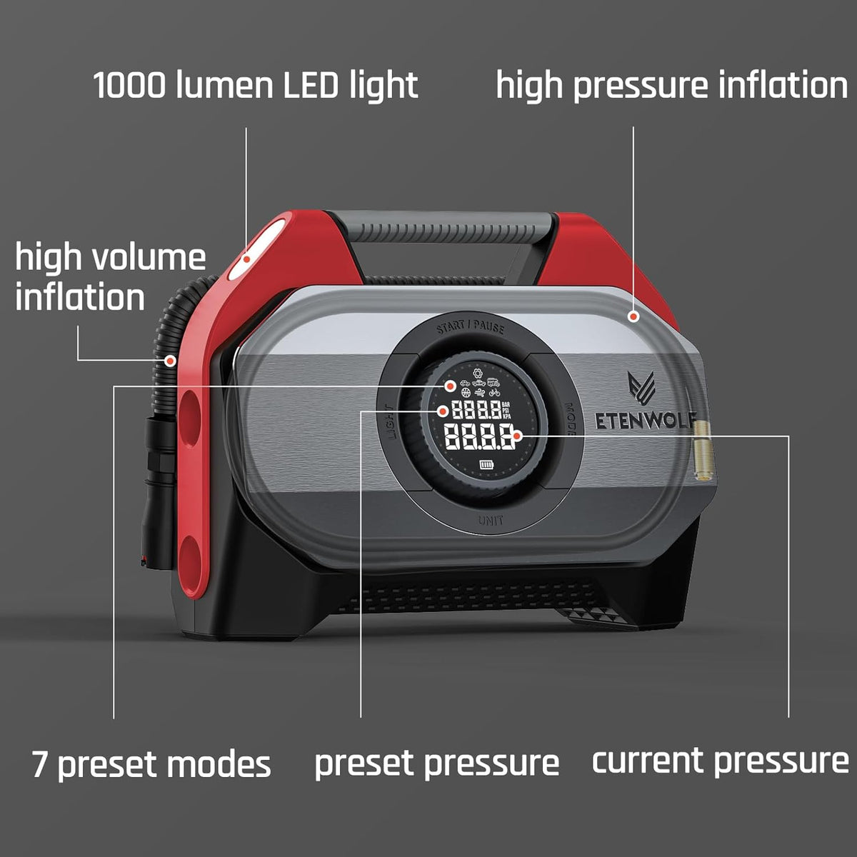 ETENWOLF VORTEX S6 Tire Inflator Portable Air Compressor for Heavy-duty Vehicle, Cordless Air Pump for Car & Inflatables with 19200 mAh Battery, 100% Duty Cycle & Dual Cylinder Bike Pump, Red
