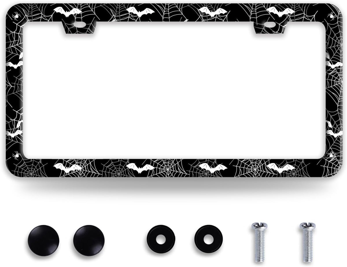 Bat Spider Web License Plate Frame Funny Gothic License Plate Frames Stainless Steel Accessories Cars Decor with 2 Holes and Screws Fits Standard Us Ca Vehicles License Plate Holder 12.2 X 6 Inch