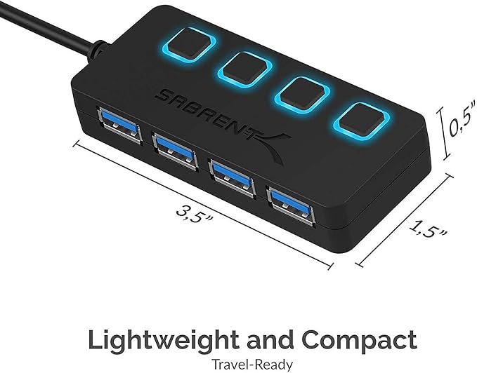 SABRENT 4 Port USB 3.0 Hub with Individual LED Lit Power Switches, Includes 5V/2.5A Power Adapter (HB-UMP3)