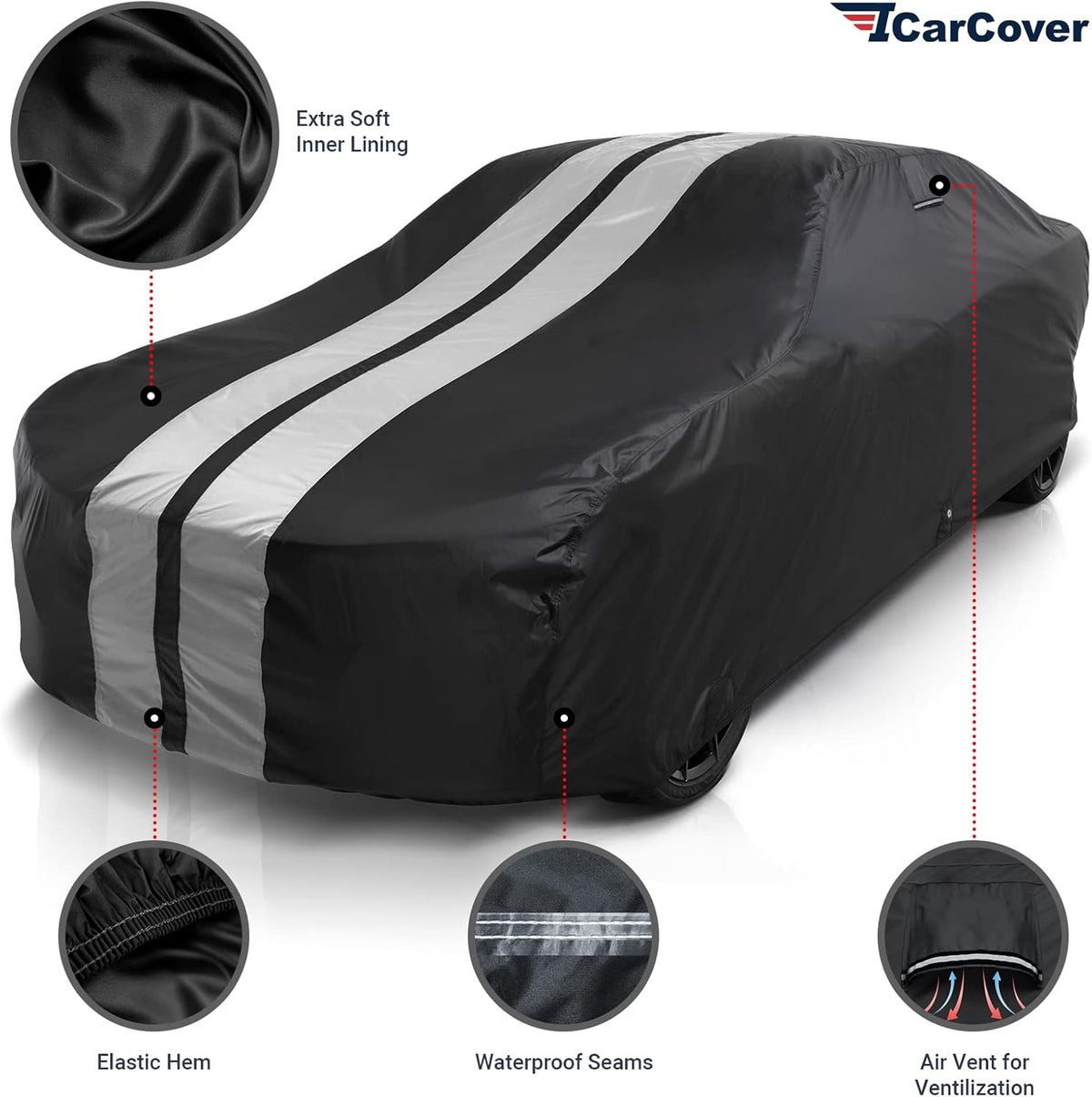 iCarCover Custom Car Cover for 1967-1973 Chevy Camaro Z28, SS Waterproof All Weather Rain Snow UV Sun Protector Full Exterior Indoor Outdoor Car Cover (Stripe - Black/Gray)
