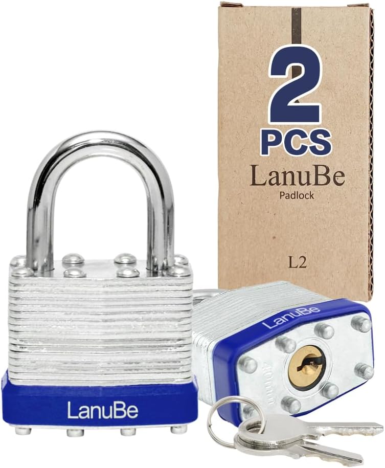 LanuBe Lock Laminated keyed Padlock (1-9/16", 40mm), keyed Alike Locks, Normal Shackle, Marked Blue Plastic Hoop, Pack of 2