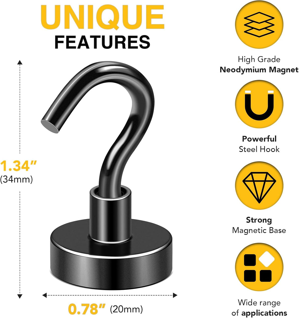 DIYMAG Black Magnetic Hooks, 50 LB Heavy Duty Magnet with Hook, 20 Packs Strong Rare Earth Neodymium Magnets for Hanging, Magnetics Hanger for Curtain, Home, Kitchen, Workplace