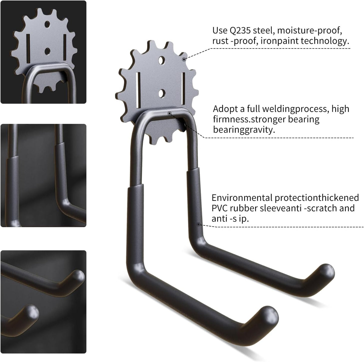 Heavy Duty Steel Storage Hooks - Utility Wall Mount Hooks with Anti-Slip Coating, Holds Bike, Ladder & Tools