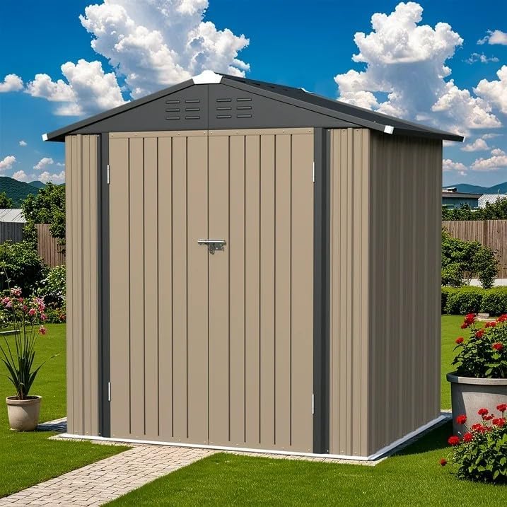Greesum 6×4FT Outdoor Storage Shed, Metal Patio Storaged Sheds with Lockable Doors, Sheds & Outdoor Storage for Bike, Backyard, Pool and Garden, Brown