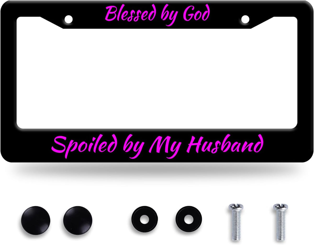 Blessed by God Spoiled by My Husband License Plate Frame Funny Texts License Plate Stainless Steel Parts with Screws Size 12.3" x 6.3" for Men Women