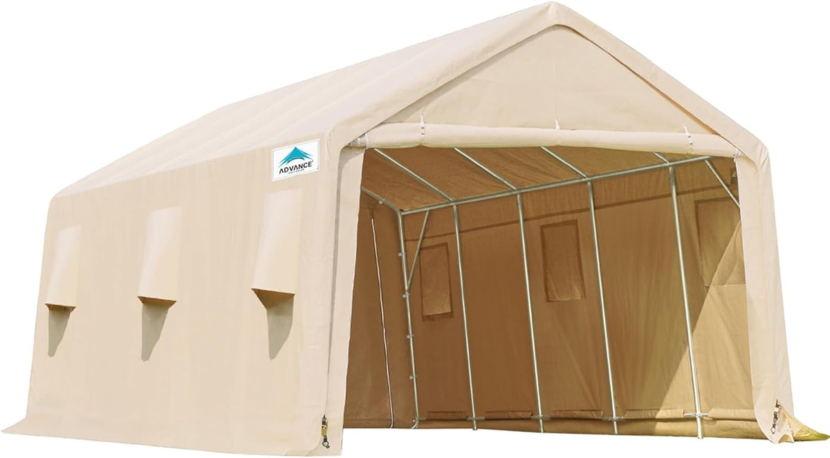 ADVANCE OUTDOOR 13x20 ft Carport 2 Roll up Doors & Vents Outdoor Portable Storage Shelter Garage Tent for Vehicle Boat Truck Anti-UV Snow Resistant Waterproof, Beige