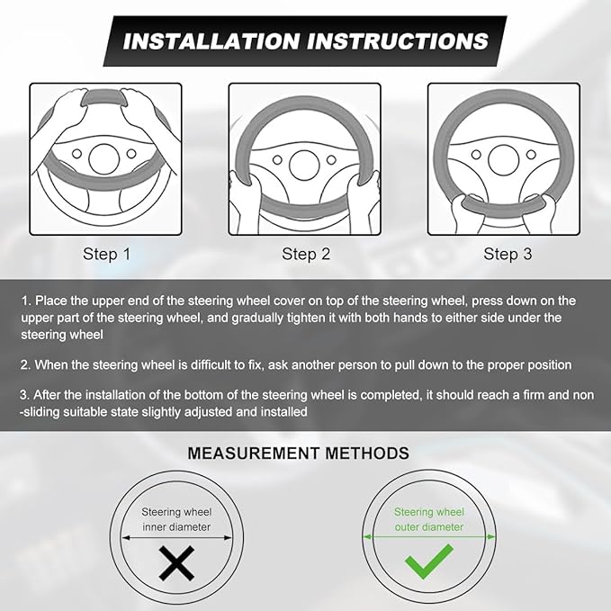 Car Steering Wheel Cover, 15 Inch Premium Leather Breathable Non-Slip Wheels Wrap, Universal Auto Comfortable Steering Wheel Protector for SUV Truck Van, Car Accessories (Gray)