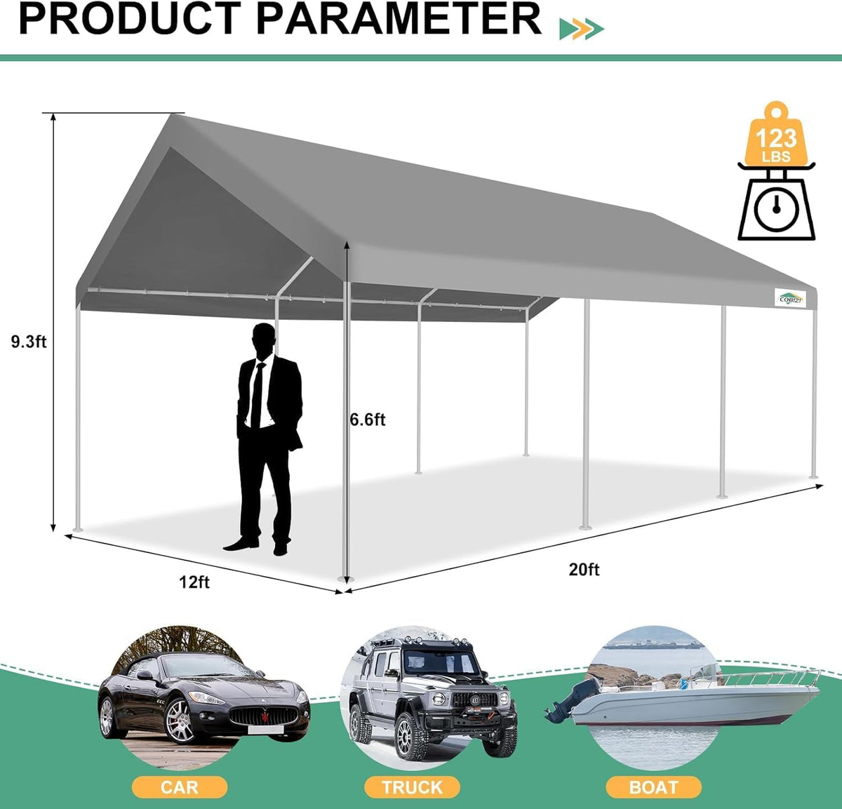 COBIZI Carport 12x20ft Heavy Duty Portable Garage, 2.0 Powder Coated Frame(Better Than Galvanized), Waterproof Shelter with Built-in Sandbags, for Car/Boat/SUV, Gray