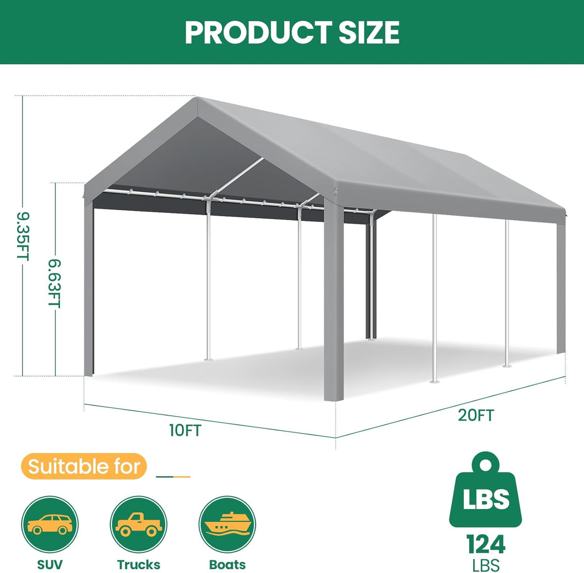 COBIZI Carports 10x20 Heavy Duty Car Tent Garage, Galvanized Frame Car Canopy Outdoor Shelter Waterproof & UV Protected with Windproof Ropes & Built-in Sandbags for Car Truck Boat, Gray