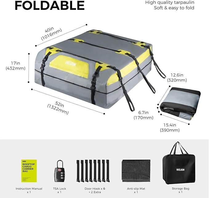 WELKIN Heavy Duty Rooftop Cargo Carrier Bag - 21 Cubic Waterproof Car Roof Bag for All Vehicles with/Without Rack - Includes Anti-Slip Mat, 8 Door Hooks, TSA Lock & Storage Bag - Reinforced Straps