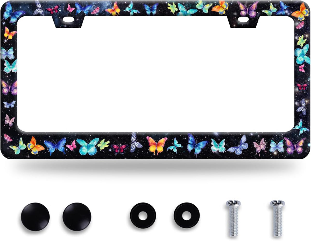 Beautiful Butterfly License Plate Frame Watercolor License Plate Stainless Steel Colorful License Plate Holder Car Accessory with Screws Car Decoration 12.3" x 6.3" Fits Standard Vehicles Size