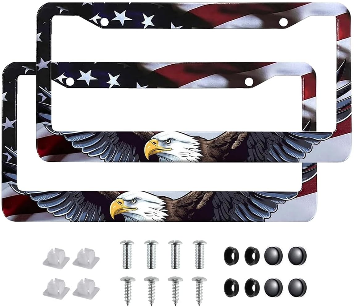 2Pack Universal Flag and Eagle License Plate Frame -Rustproof Aluminum Matte Black Car License Plate Frames