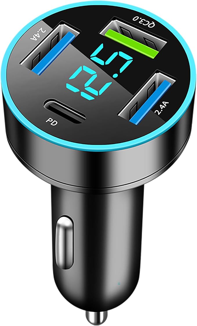 Car Charger Adapter, 4-Port Cigarette Lighter USB Charger Adapter with Voltmeter PD 3.0 & QC 3.0 Car USB Charger Multi Port Accessories Fast Charging for iPhone, Samsung, iPad & Phone Tablets