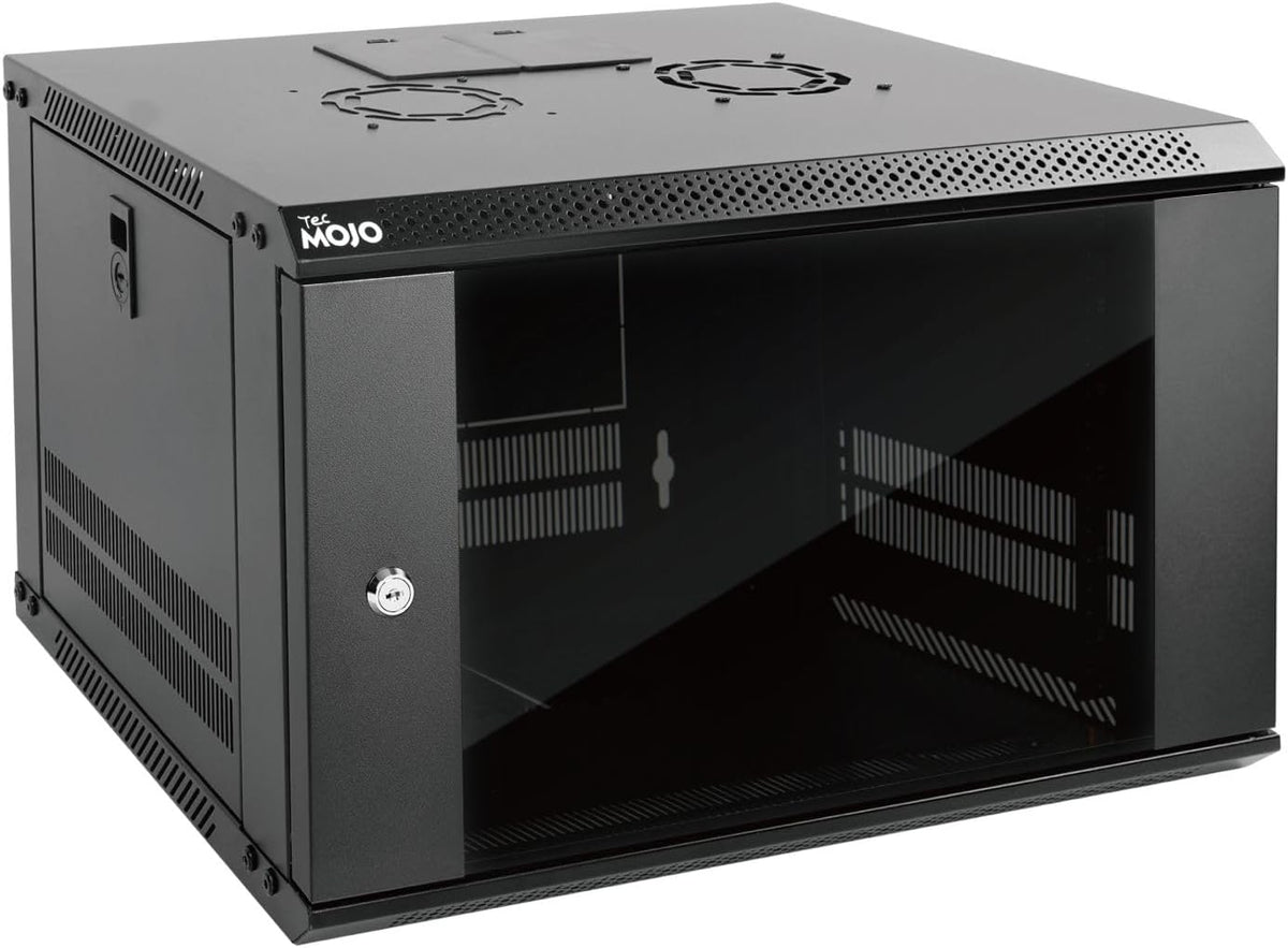 Tecmojo 6U Wall Mount Server Cabinet IT Network Rack Enclosure Lockable Door and Side Panels Black, Cooling Fan, Standard Glass Door, 450mm Depth, for 19” IT Equipment, A/V Devices