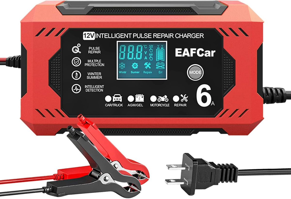 6-Amp Battery Charger, 12V Trickle Charger Car Battery Charger, Smart Automatic Lead Acid Charging with Temperature Compensation for Car Truck Lawn Mower Boat Marine(6A)
