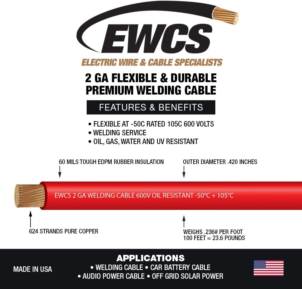 EWCS 2 Gauge Premium Extra Flexible Welding Cable 600 Volt - Red - 20 Feet - Made in The USA