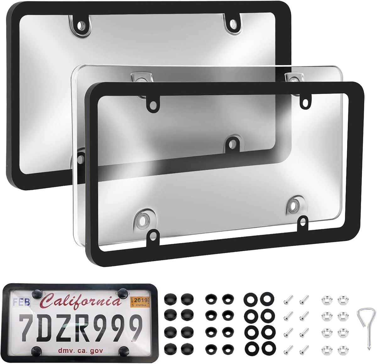 Transparent License Plate Cover and Frames, 2Pack Grey Clear Front and Rear License Plate Holder with Screws & Caps, Unbreakable Car Licence Plate Frame, Universal Fit for Most US Plates