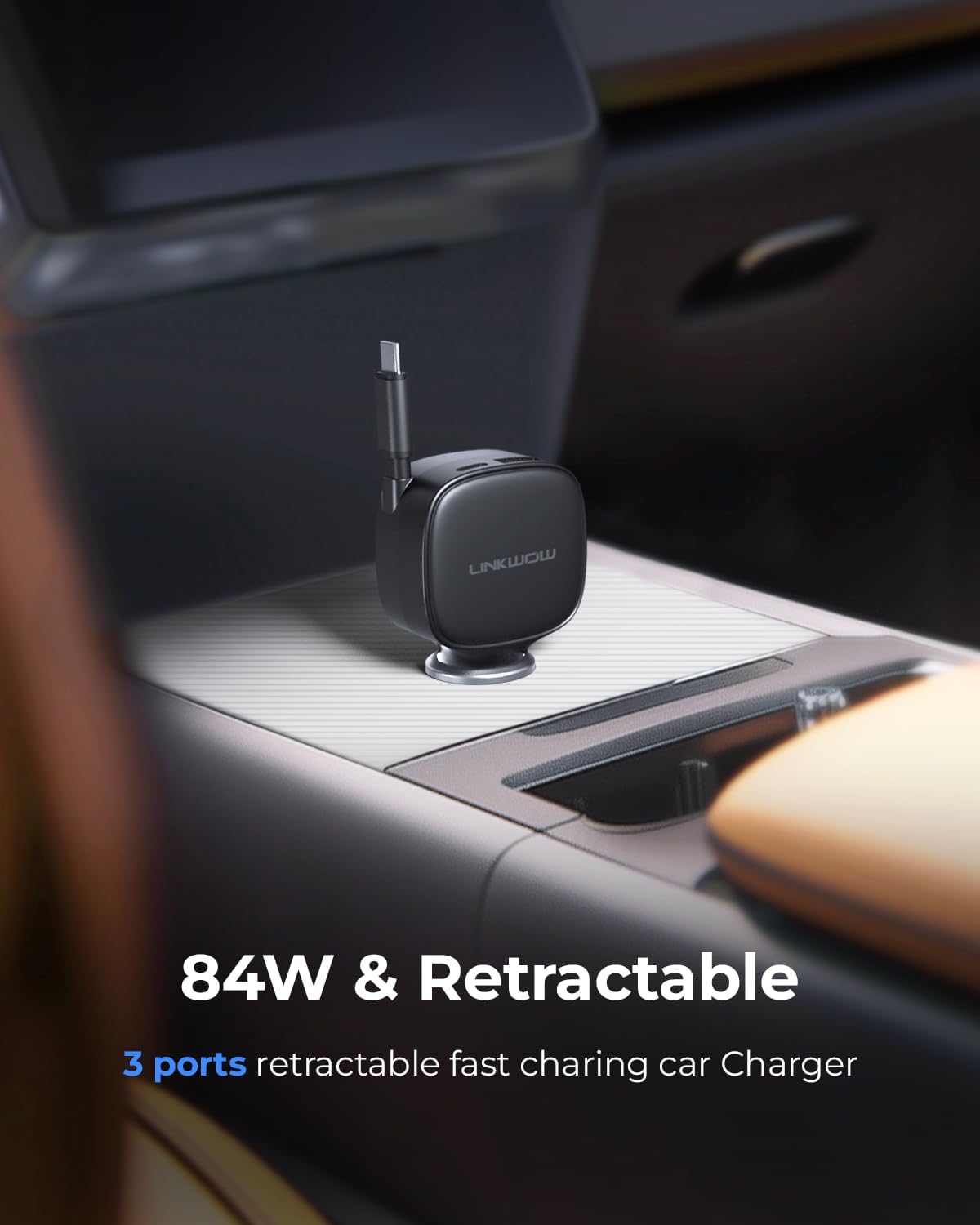 84W Max Retractable Fast Car Charger - USB C Cigarette Lighter Adapter Ultra-Compact Type-C Fast Car Charger with Built-in Retractable Cable