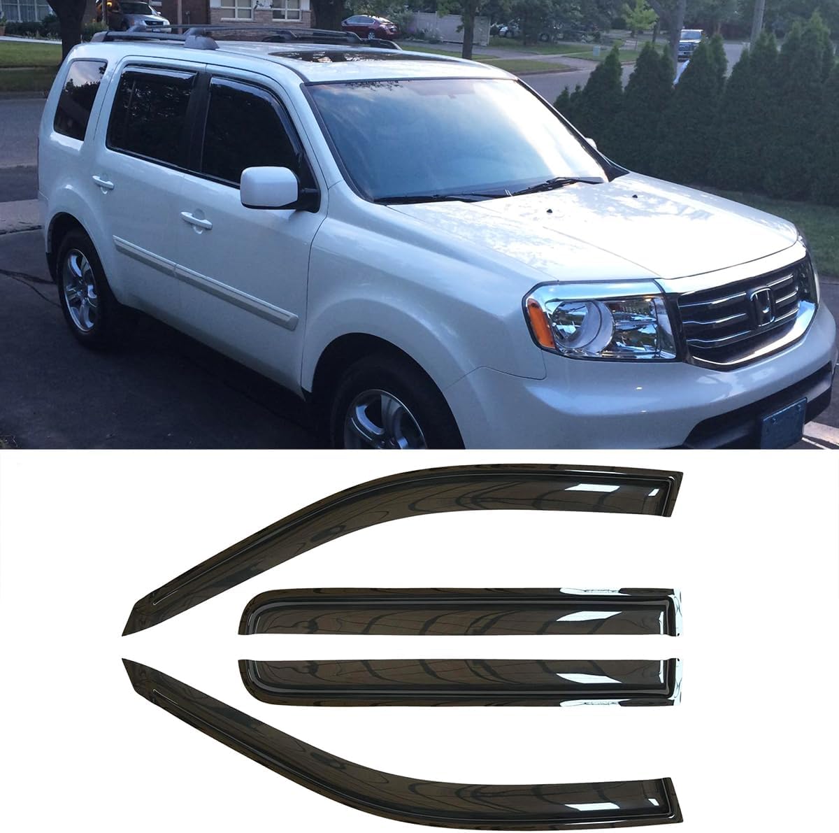 94084 Side Window Wind Vent Deflector, 4pcs Out-Channel Tape-On Nice Rain Guards Set,Dark Smoke Window Visor fit for 2009-2015 Honda Pilot