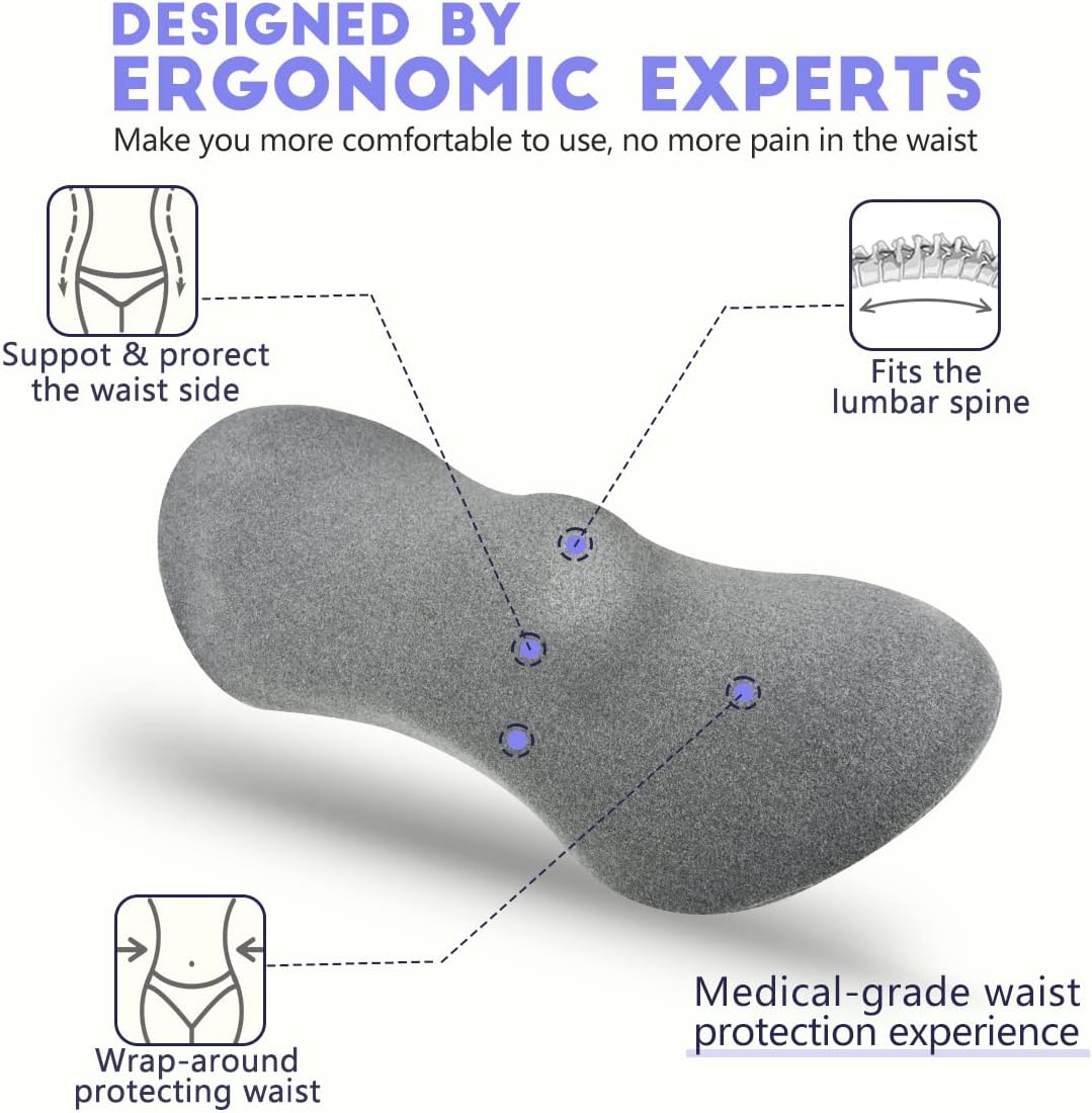 Lumbar Support Pillow, Lumbar Pillow for Low Back Pain Relief, Ergonomic Memory Foam Lumbar Pillow, Breathable & Detachable & Washable, Comfy Back Pillow for Office Chairs, Car Seats (Dk Grey, Cotton)