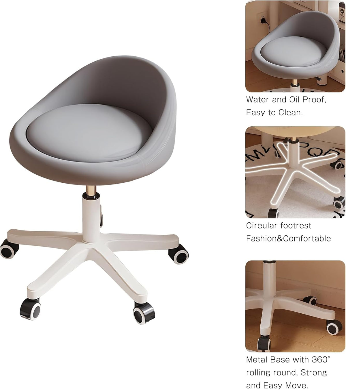 Rolling Stool Set of 4 Rolling Hydraulic Salon Stool with Low Backrest - Adjustable Swivel Chair for SPA, Shop, Salon, Massage, or Medical Office Dark Grey