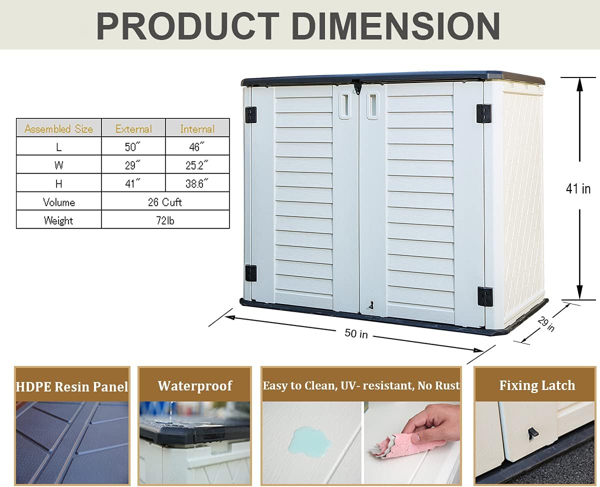 HOMSPARK Storage Shed Weather Resistance, Multi-Purpose Outdoor Storage Cabinet for Backyards and Patios, Horizontal Storage Shed for Lawnmower, Patio Accessories (White 1, Large - 26 cu.ft)