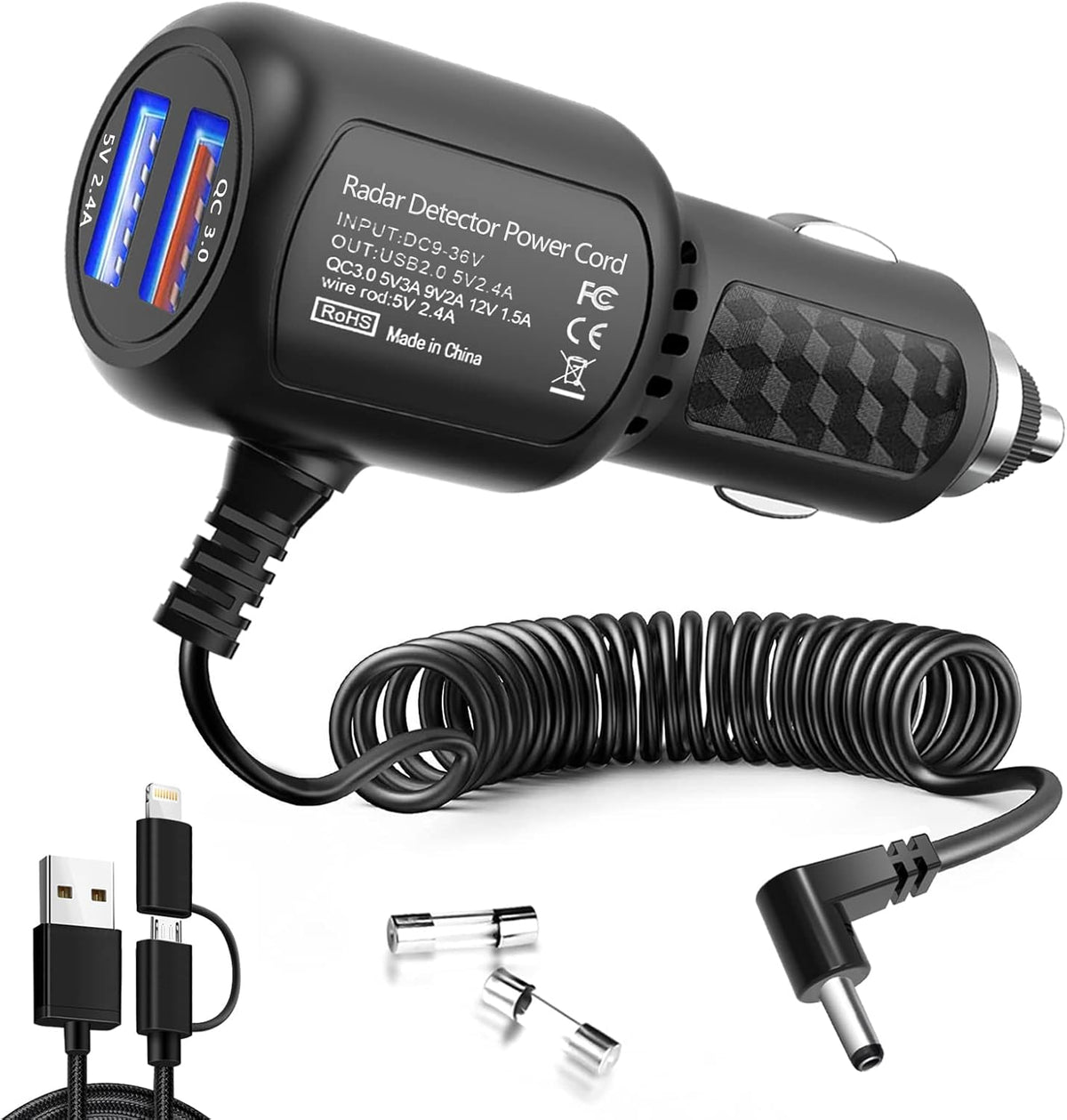 Radar Detector Power Cord,for Uniden Escort Valentine Beltronics Passport Cobra etc Radar Detector,with Dual USB QC3.0 Quick Charger (DC3.5)