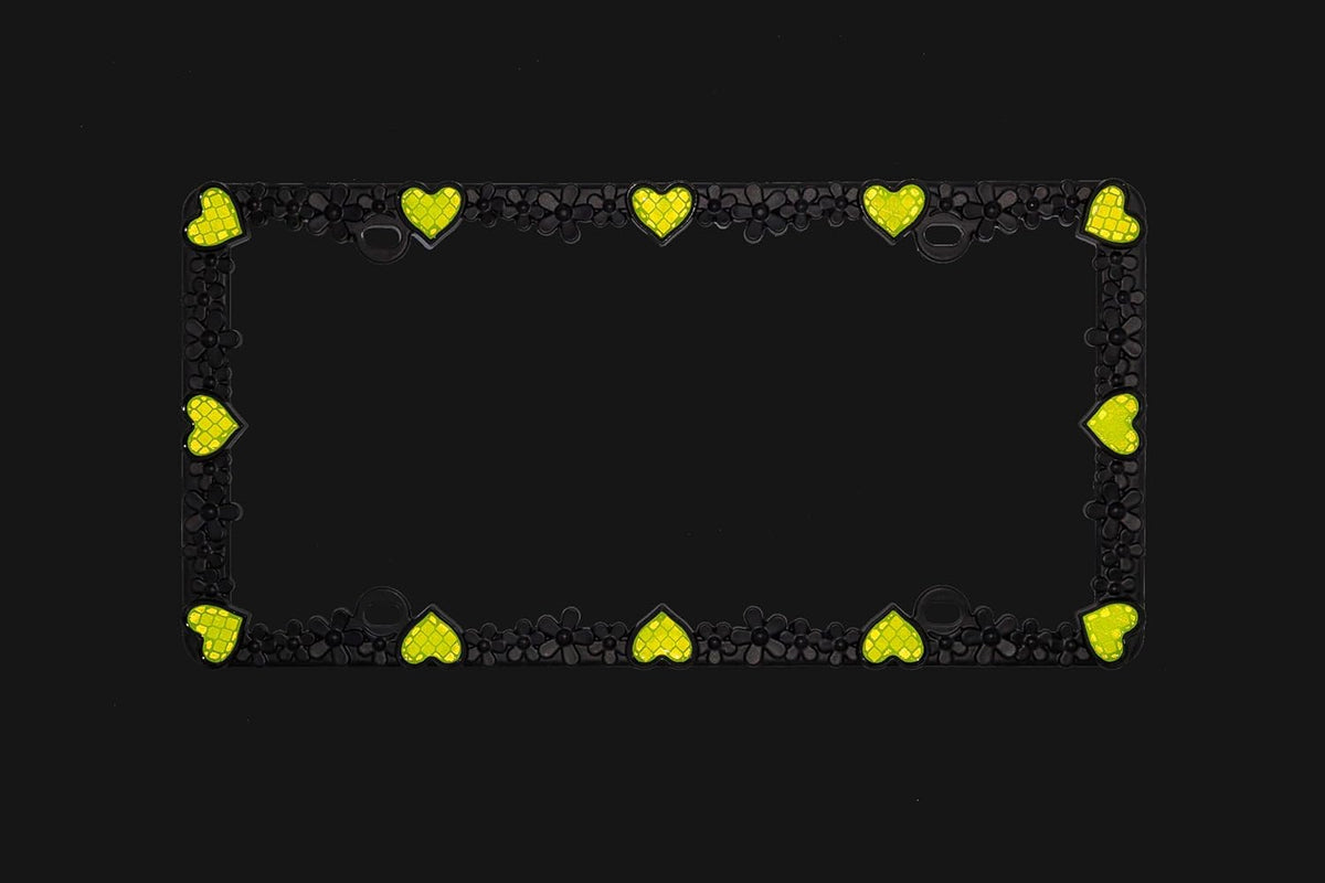 Creathome 3D Daisy Heart License Plate Frame from Pure Zinc Alloy Metal Perfect Plate Holder, Matt Black Daisy with Yellow Reflective Heart