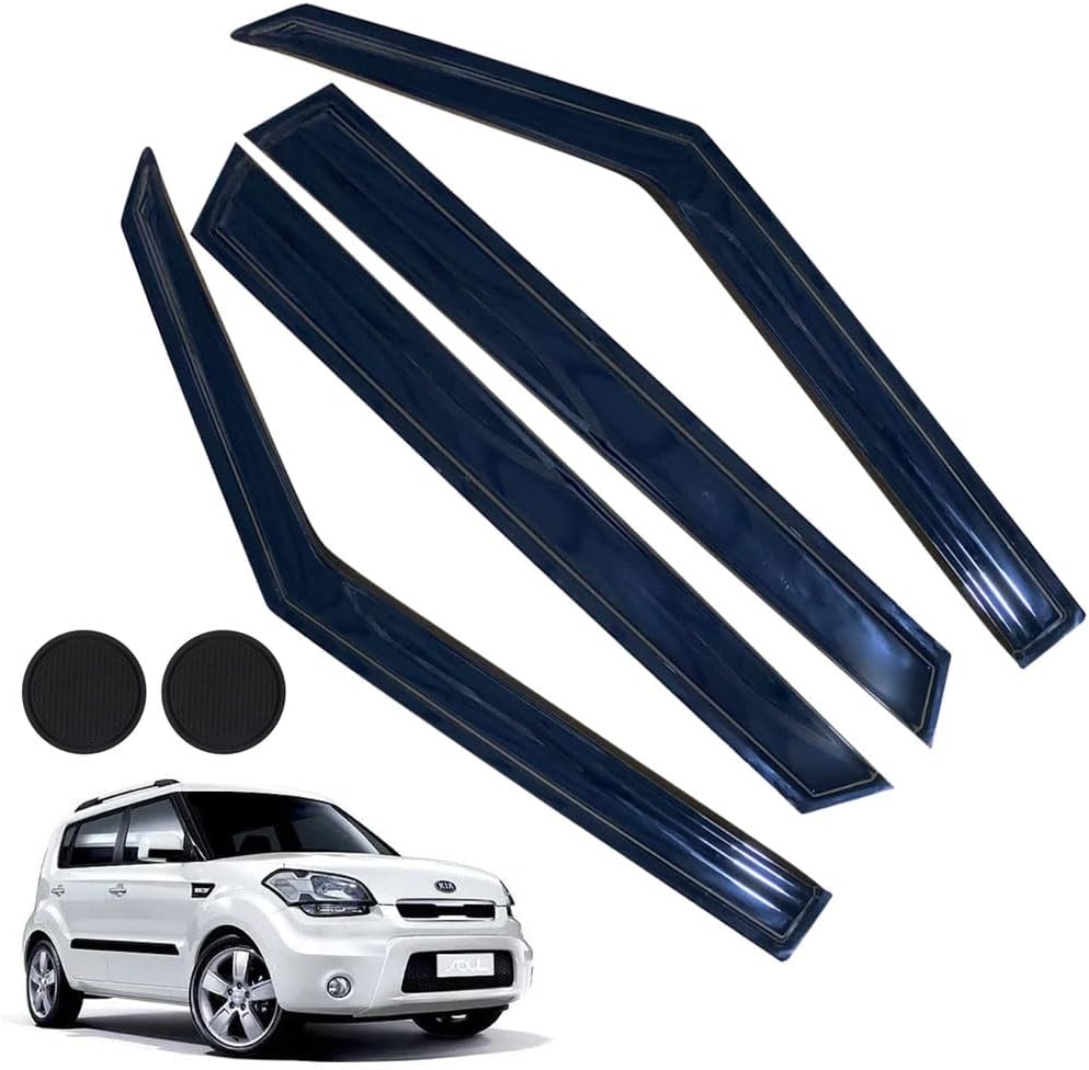 Rain Guards for Kia Soul 2014-2019, Tape-on Side Window Deflectors for Kia Soul, Window Visors for Kia Cars, for Kia Car Accessories 4 Rain Guards ＆ 2 Car Coasters