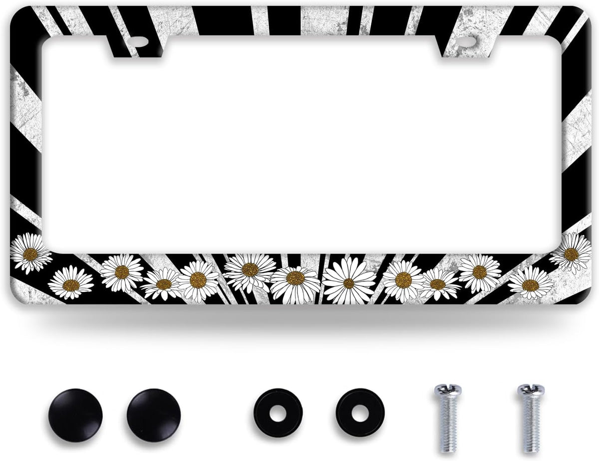 Sun License Plate Frame Black White Daisy Flowers License Plate Frames Funny Auto Accessories Bracket Stainless Steel License Plate with Screw 6x12 Inch
