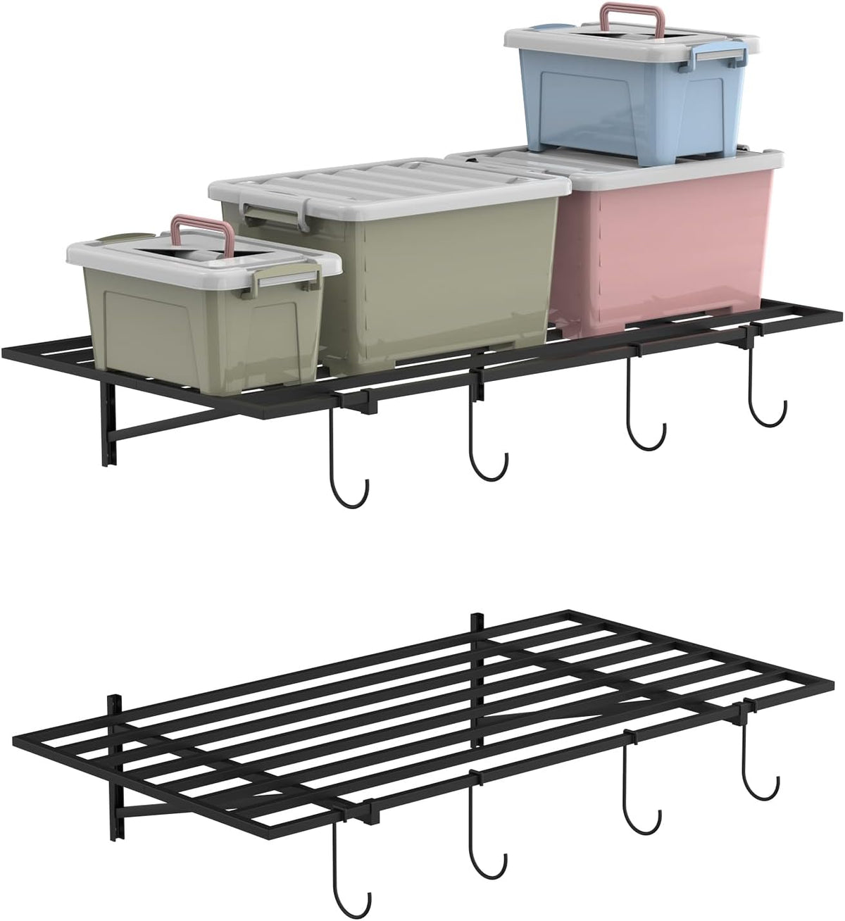 PEKGRIL Garage Wall Shelving Set of 2, 2X4 ft, Black, Contemporary Style, Heavy Duty, 2 Shelves, 8 Hooks, 260 lbs Capacity Each, Wall-Mounted, Metal, Alloy Steel, 2 Count