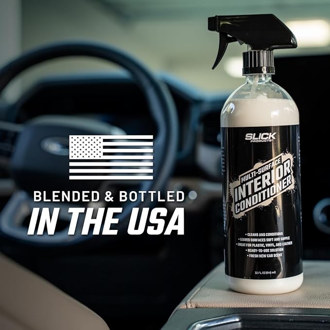 Slick Products Multi-Surface Interior Conditioner – Cleans & Conditions Vinyl, Plastic & Leather – Non-Greasy Car Interior Cleaner & Protectant – Fresh New Car Scent – 32 oz.