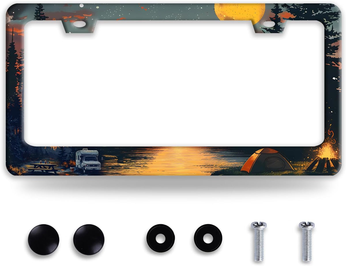 Camping License Plate Frame Personalized Forest License Plate Frames Funny Auto Accessories Bracket Stainless Steel License Plate Holder 6x12 Inch