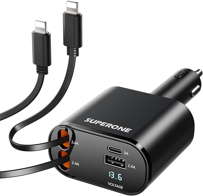 SUPERONE 4-in-1 Car Charger with Retractable Apple Cords, USB C Charger Car Adapter Compatible with iPhone 17/16/15/14/13/12/11 Pro Max Samsung Android Phones