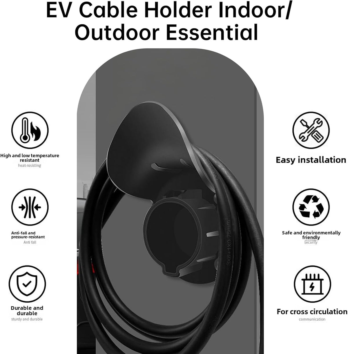 LJH EV Charger Holder Wall Mount for SAE J1772 Electric Car Plug Nozzle Holster Dock and EV Cable Holder, Outdoor/Indoor (Black)