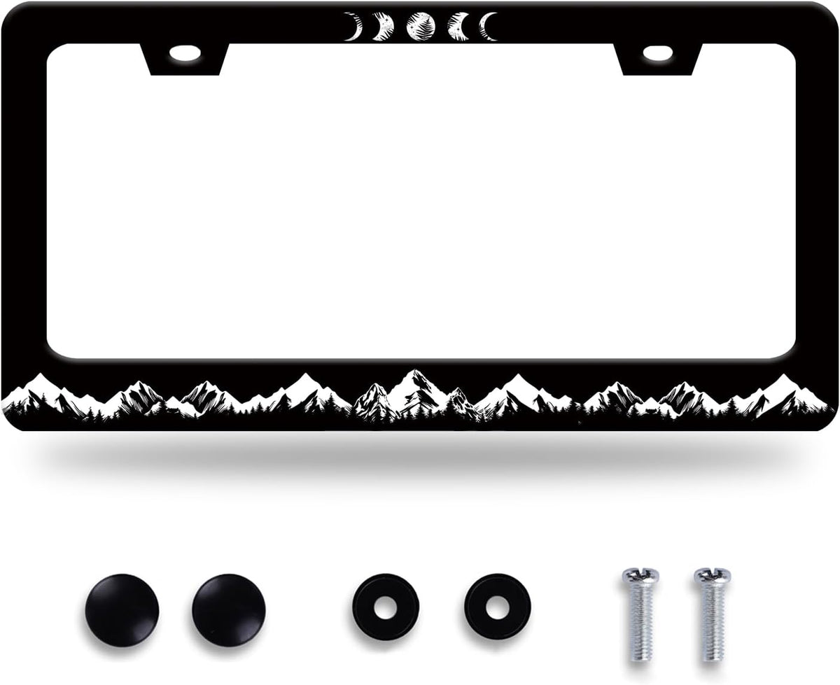 Moon Phase License Plate Frame Mountains Forest License Plate Stainless Steel Funny License Plate Holder for Men Women Universal Black Car Accessories Decoration 12.3" x 6.3"