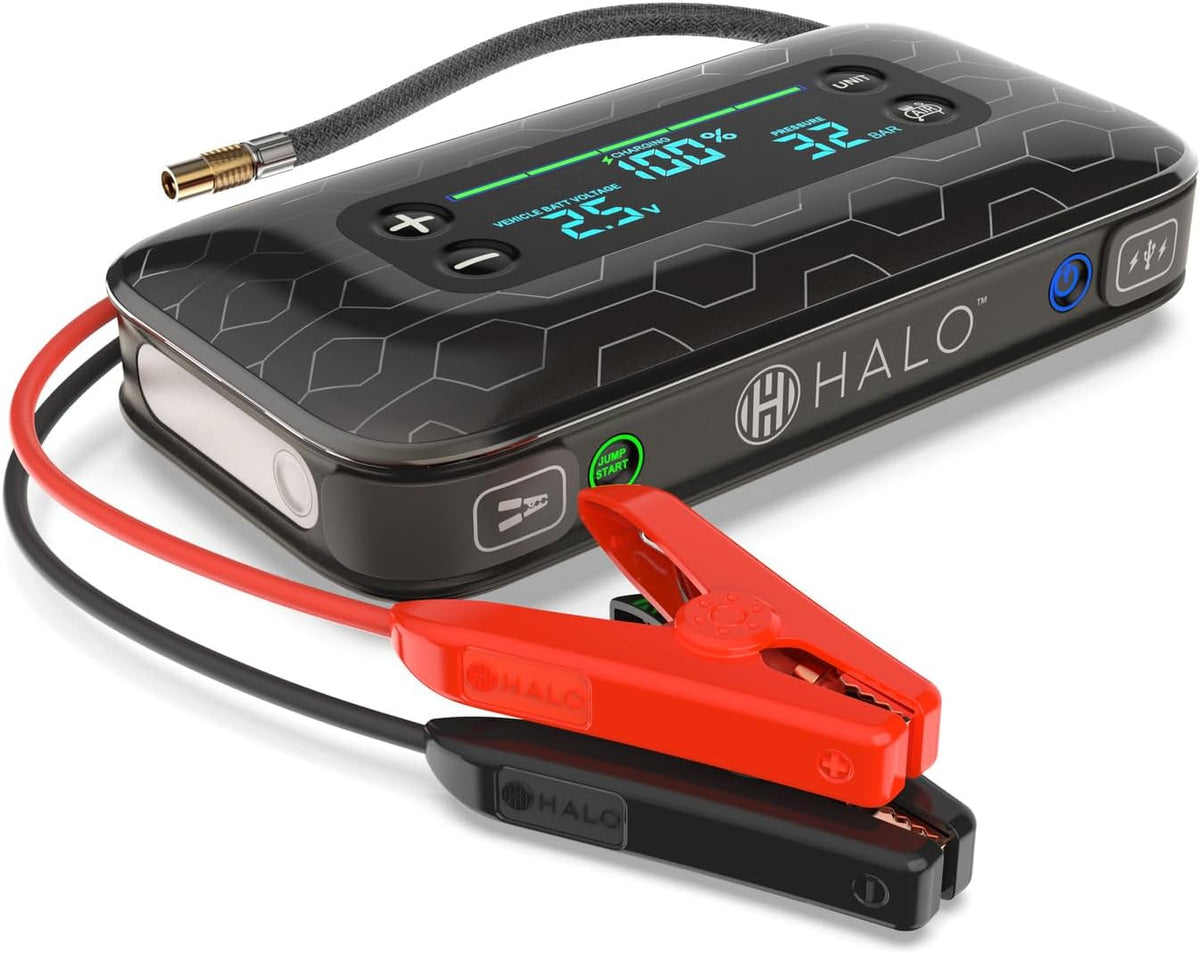 HALO Bolt Air+ 1750 Portable Car Battery Jump Starter | 130 PSI Air Compressor, 59.9Wh USB Power Bank, Large Display, Emergency Floodlight & Charger, Jumps Cars SUVs & Trucks, Inflates Tires — Black